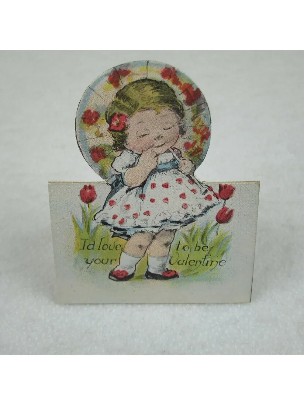 Vintage Valentine Cutout Card Stand Up Blonde Girl Parasol Red 1920-30s UNSIGNED